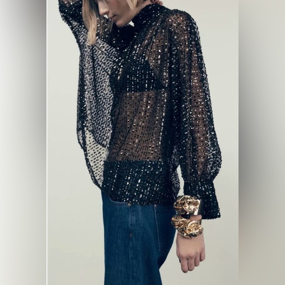 Zara Tops - New Zara $69 Tied Collar Gold Sequin Semi Sheer Blouse 9127/572 Small